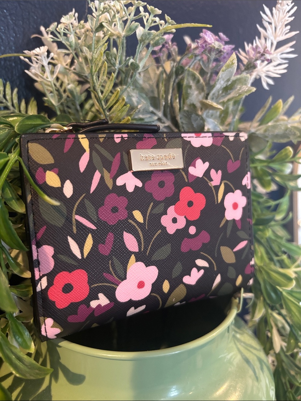 kate spade Black Floral Zip Cosmetic Pouch with Pink & Red Flowers - Picture 2 of 10